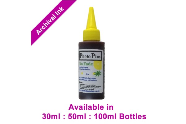 PhotoPlus Yellow Archival Dye Ink Compatible with HP printers - 30ml, 50ml & 100ml.