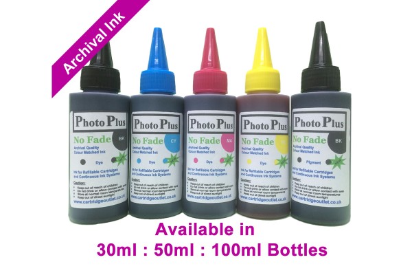PhotoPlus 5 Colour Archival Dye Pigment Ink Set For HP printers in 30ml, 50ml & 100ml.
