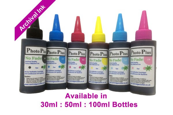 PhotoPlus 6 Colour Archival Dye Ink Set For HP printers in 30ml, 50ml & 100ml.