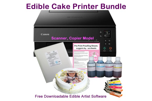Edible A4 All-in-One Printer Bundle, TS6350, Refillable Cartridges with Ink & Icing Sheet Options.