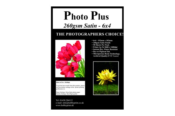 Photo Plus Photo Paper 6" x 4" Premium Satin 260gsm, 50 Sheet Pack