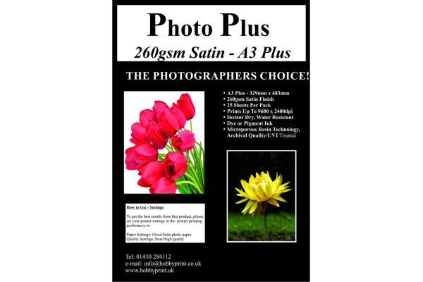 Photo Plus Photo Paper A3 Plus - 260gsm Premium Satin Coated, 25 Sheets.