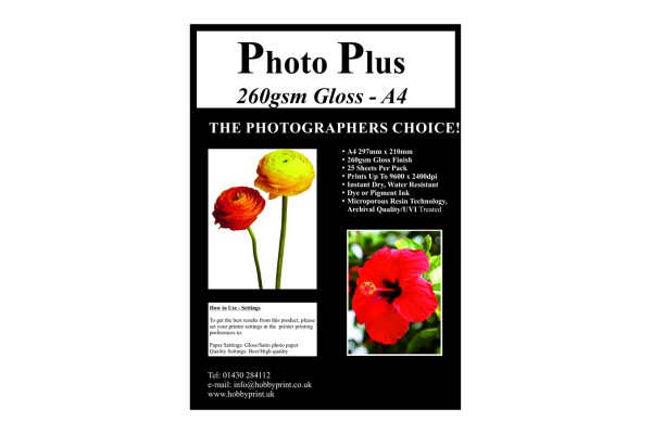 Photo Plus Photo Paper A4 Premium Gloss 260gsm, 25 Sheet Pack