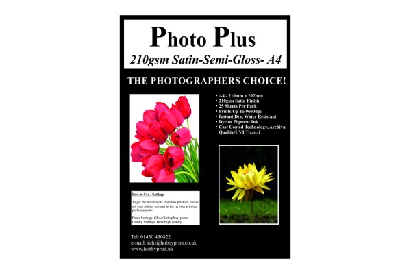 Photo Plus Photo Paper A4 Satin/Semi-Gloss 210gsm, 25 Sheet Pack