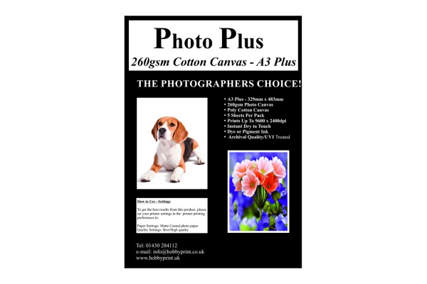 Photo Plus Printable Poly-Cotton Canvas A3 Plus 260gsm, 5 Sheets.