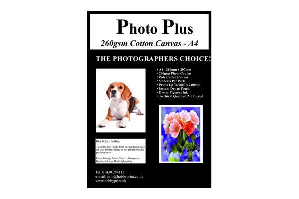 Photo Plus Printable Poly-Cotton Canvas A4 - 260gsm, 5 Sheets.
